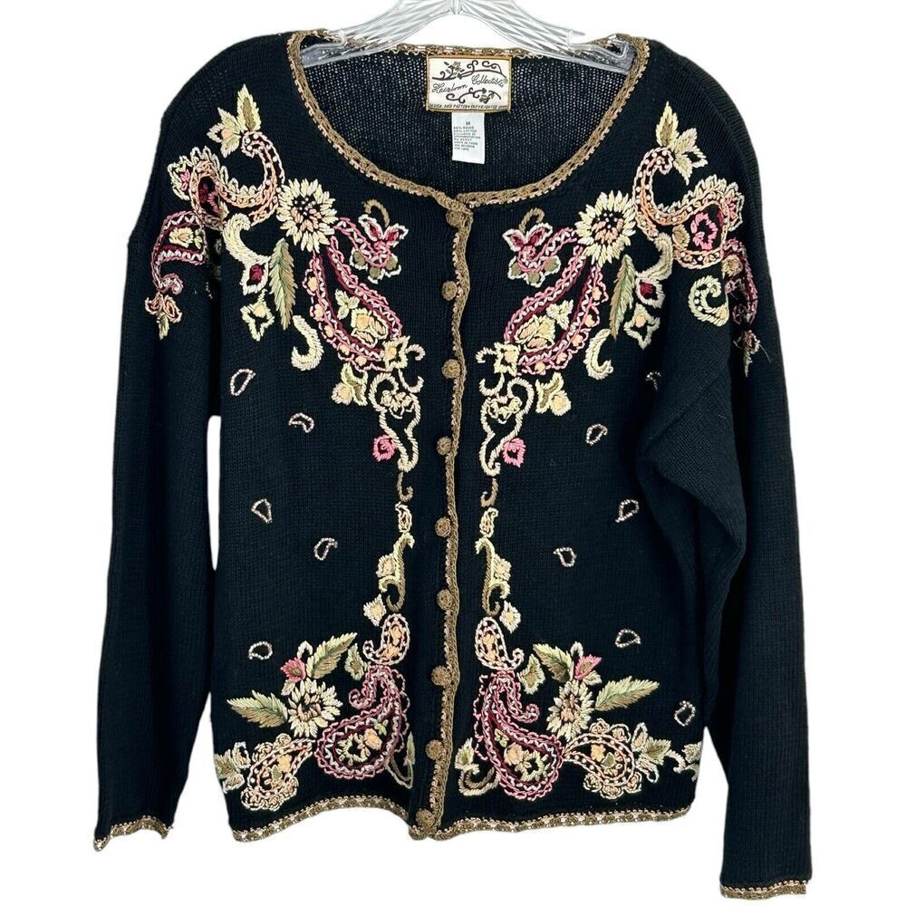 Heirloom Collectibles Floral Embroidered Pearl Black Button Up Women Size M